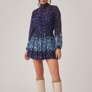 Anthro Let Me Be Blue Floral Mock Neck Billow Sleeves Sheer Mini Dress XXS